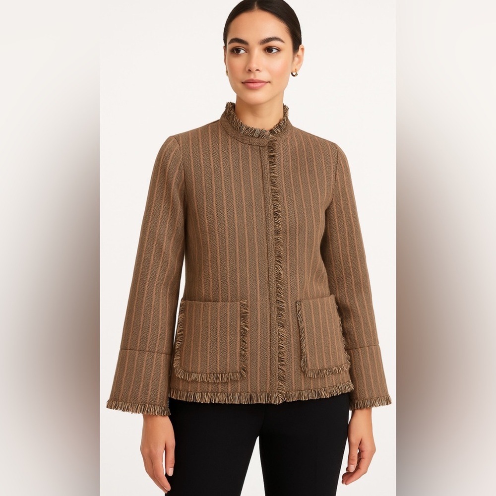 Harvé Benard Brown Striped Fringe Blazer Jacket Tweed Textured Chic Size 12